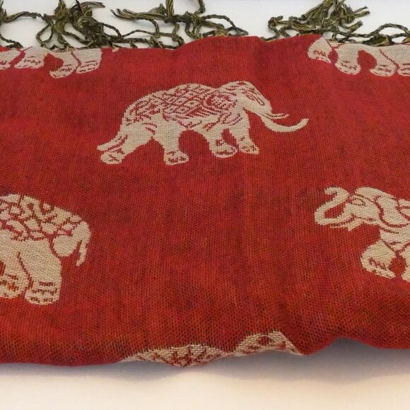 Silk Cashmere Scarf Red Brown Thailand Gold Embossed Elephants Lucky Pashmina NW - Picture 3 of 7